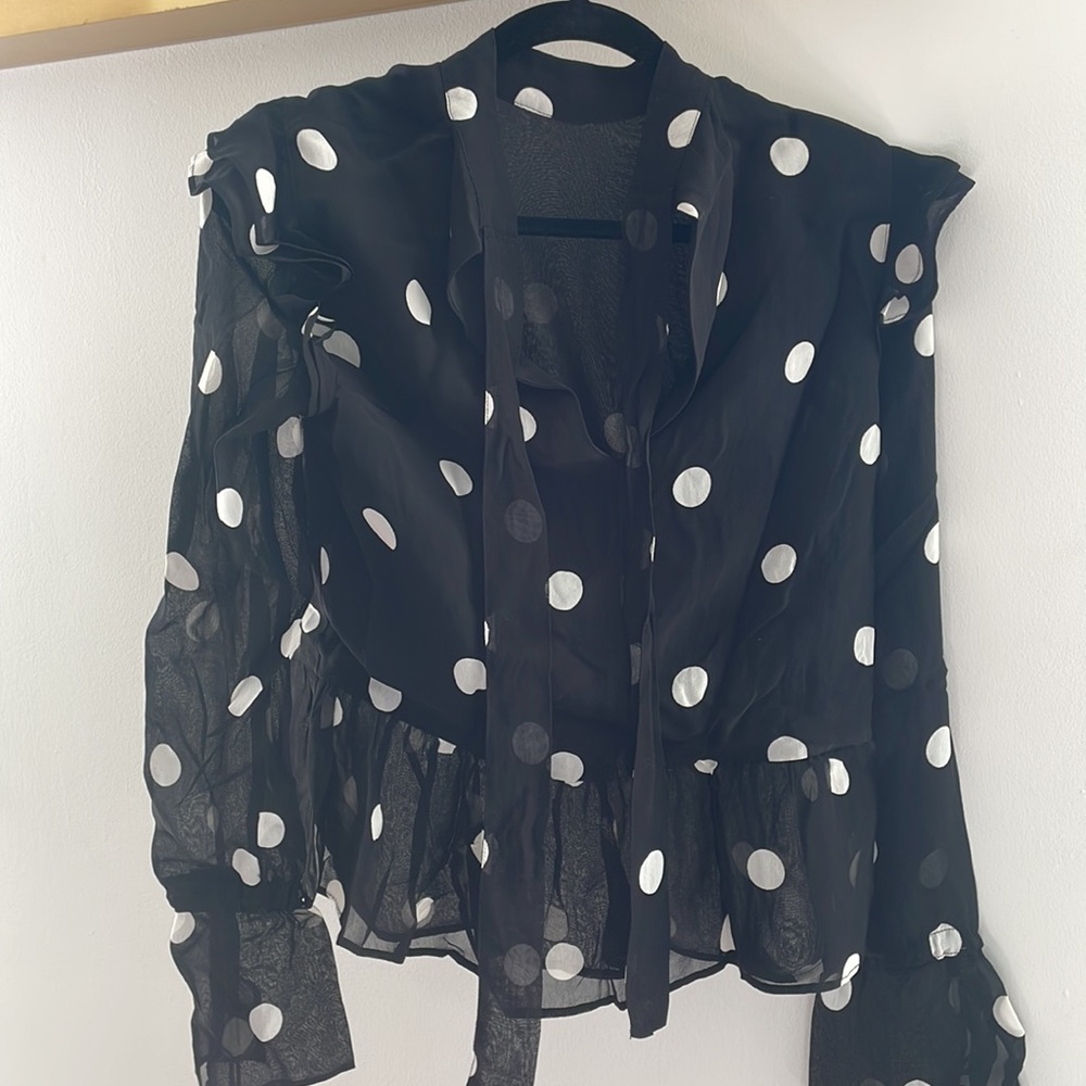 H&M black polka dot tie blouse